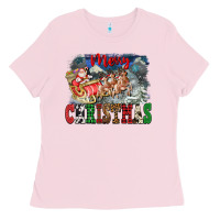 Bubblegum Pink Merry Christmas Santa Sleigh Ladies Tee - FaDigitalArtStudio