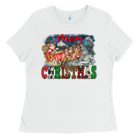 White Merry Christmas Santa Sleigh Ladies Tee - FaDigitalArtStudio