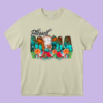 Blessed Mama Flowers Cow Heavy Core Tee Designed By Cowcowdesign