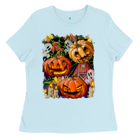 Baby Blue Halloween Pumpkins Ladies Tee - BundleAndBundleShop