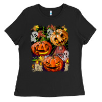 Black Halloween Pumpkins Ladies Tee - BundleAndBundleShop