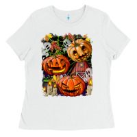 White Halloween Pumpkins Ladies Tee - BundleAndBundleShop