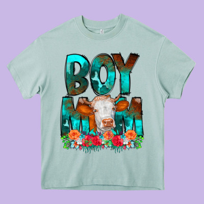 Boy Mom Flowers Cow Heavy Core Tee Designed By Cowcowdesign