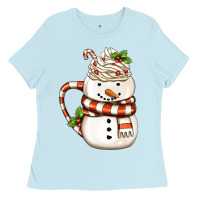 Baby Blue Christmas Snowman Coffee Cup Ladies Tee - FaDigitalArtStudio