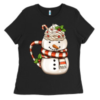 Black Christmas Snowman Coffee Cup Ladies Tee - FaDigitalArtStudio