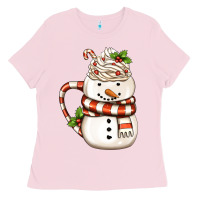 Bubblegum Pink Christmas Snowman Coffee Cup Ladies Tee - FaDigitalArtStudio