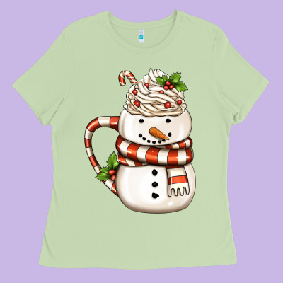 Christmas Snowman Coffee Cup Ladies Tee Designed By Fadigitalartstudio