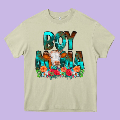 Boy Mama Flowers Cow Heavy Core Tee Designed By Cowcowdesign