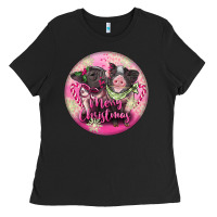 Black Pink Merry Christmas Pig Ladies Tee - FaDigitalArtStudio
