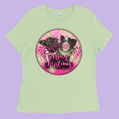 Pink Merry Christmas Pig Ladies Tee Designed By Fadigitalartstudio