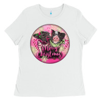 White Pink Merry Christmas Pig Ladies Tee - FaDigitalArtStudio