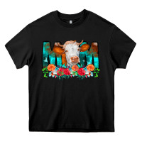 Black Cow Mom Turquoise Tooled Leather Flowers Heavy Core Tee - CowCowDesign