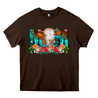 Chocolate Brown Cow Mom Turquoise Tooled Leather Flowers Heavy Core Tee - CowCowDesign