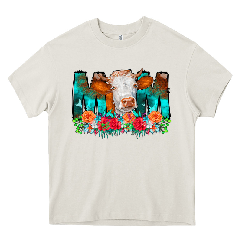 Cow Mom Turquoise Tooled Leather Flowers Heavy Core Tee by CowCowDesign | Teevron