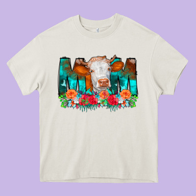 Cow Mom Turquoise Tooled Leather Flowers Heavy Core Tee Designed By Cowcowdesign