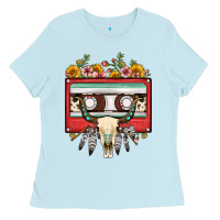 Baby Blue bull skull sunflower floral cassette Ladies Tee - FaDigitalArtStudio