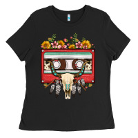 Black bull skull sunflower floral cassette Ladies Tee - FaDigitalArtStudio