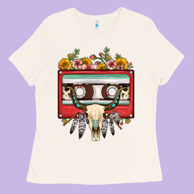 Bull Skull Sunflower Floral Cassette Ladies Tee Designed By Fadigitalartstudio