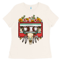 Bone bull skull sunflower floral cassette Ladies Tee - FaDigitalArtStudio