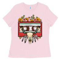 Bubblegum Pink bull skull sunflower floral cassette Ladies Tee - FaDigitalArtStudio