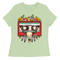 Matcha bull skull sunflower floral cassette Ladies Tee - FaDigitalArtStudio