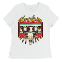 White bull skull sunflower floral cassette Ladies Tee - FaDigitalArtStudio