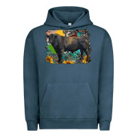 Pigment Midnight Navy black angus bull with aztec and farm background Urban Hoodie - RanaPortraitStore