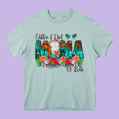 Glitter Dirt Mama Of Both Cow Flowers Heavy Core Tee Designed By Cowcowdesign