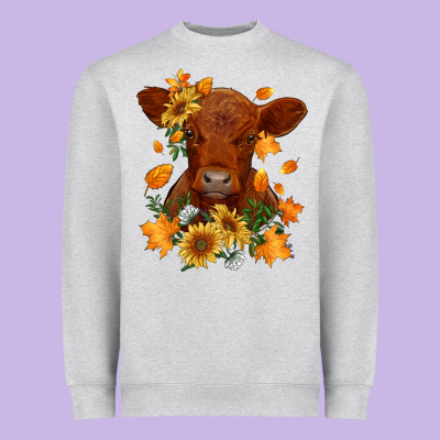 Fall Red Angus Calf Dried Leaves And Sunflowers Heavyweight Sweatshirt Designed By Ranaportraitstore