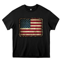 Black American Flag With Leopard Frame Heavy Core Tee - CowCowDesign