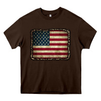 Chocolate Brown American Flag With Leopard Frame Heavy Core Tee - CowCowDesign