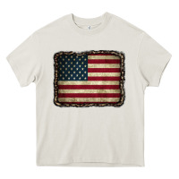 Cream American Flag With Leopard Frame Heavy Core Tee - CowCowDesign