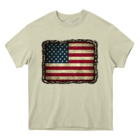 Mossy American Flag With Leopard Frame Heavy Core Tee - CowCowDesign