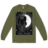 Army Green tarot card crescent moon and cat graphic Long Sleeve Tee - artisFamous