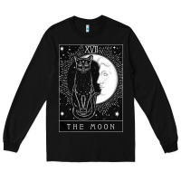 Black tarot card crescent moon and cat graphic Long Sleeve Tee - artisFamous