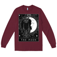 Burgundy tarot card crescent moon and cat graphic Long Sleeve Tee - artisFamous