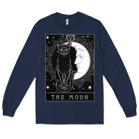 Navy tarot card crescent moon and cat graphic Long Sleeve Tee - artisFamous