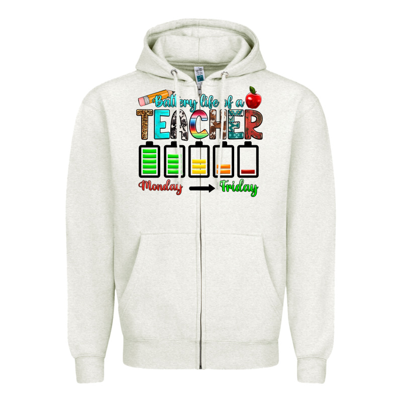 Battery Life Of A Teacher Monday Friday Zipper Hoodie by RanaPortraitStore | Teevron