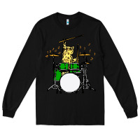 Black drummer cat music lover musician playing the drums Long Sleeve Tee - artisFamous