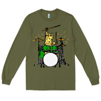 Army Green drummer cat music lover musician playing the drums Long Sleeve Tee - artisFamous