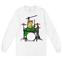 White drummer cat music lover musician playing the drums Long Sleeve Tee - artisFamous