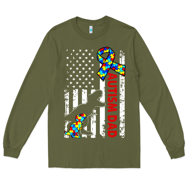 Mens Distressed Dinosaur Autism Dad Usa Flag Long Sleeve Tee by artisFamous | Teevron