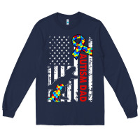Navy mens distressed dinosaur autism dad usa flag Long Sleeve Tee - artisFamous