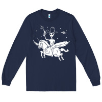 Navy alien riding unicorn  cool ufo cowboy Long Sleeve Tee - artisFamous