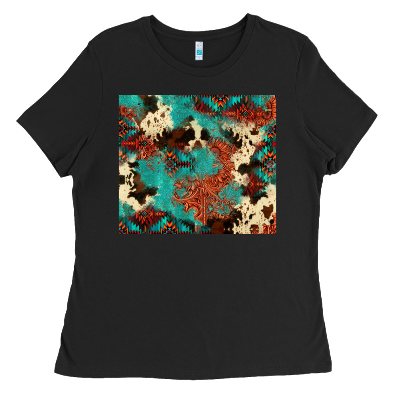 Serape Turquoise Glitter Cowhide  Tooled Leather  Tumbler Ladies Tee by FaDigitalArtStudio | Teevron