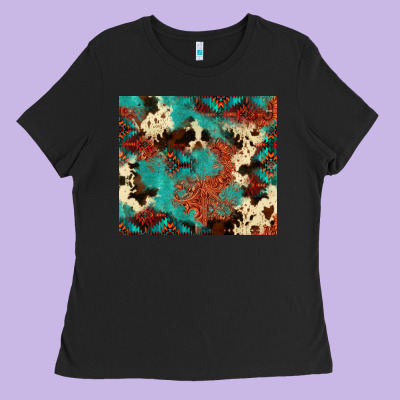 Serape Turquoise Glitter Cowhide  Tooled Leather  Tumbler Ladies Tee Designed By Fadigitalartstudio