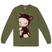 Army Green Yoshitomo Nara Cute Cat Long Sleeve Tee - artisFamous