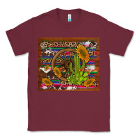 Burgundy cactus and sunflowers with old wheel serape leopard cowhide background Classic Tee - Artiststas