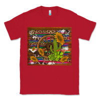 Red cactus and sunflowers with old wheel serape leopard cowhide background Classic Tee - Artiststas