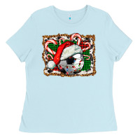 Baby Blue Soccer Ball Christmas With Hat And Candy Cane Ladies Tee - FaDigitalArtStudio